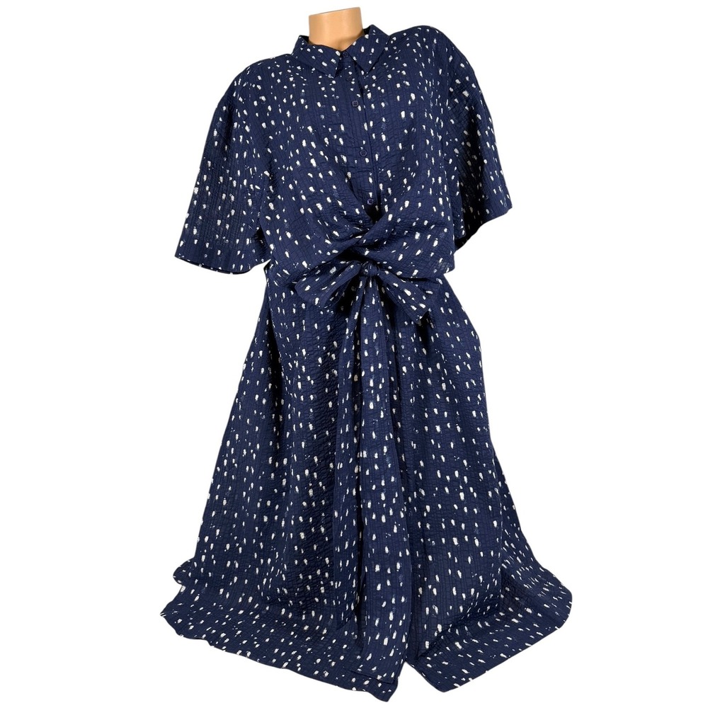 Lane Bryant Navy Blue Cotton Seersucker Tie Front Shirt Dress‎ Plus Size 28 NWT